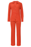 Orange Ribbed Knit Two Piece Shirt And Pants Set